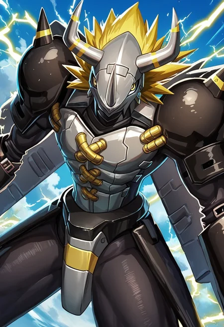 score_9, score_8_up, score_8,  BREAK, , zzBlckWrgrymn, solo, no humans, horns, armor, helmet, blonde hair, spikes, yellow eyes, 1boy, male focus, monster, (big claws), robot, shoulder pads, mask, full armor, standing, wings,   blue sky, electricity,   
(dynamic pose), 
BREAK,  cowboy shot, 
zPDXL,