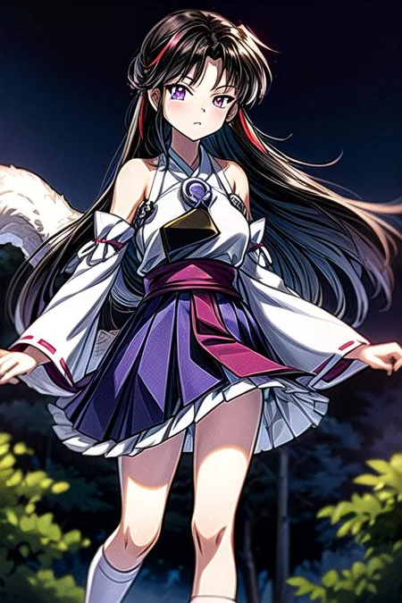 masterpiece, best quality 1girl Setsun4 solo long hair, (night time) forest background black hair very long hair purple eyes multicolored hair armor (fur trim) (medium body),<lora:EMS-179-EMS:0.800000>,<lora:EMS-293862-EMS:0.800000>ascot, bare shoulders, black footwear, detached sleeves, embellished costume, frills, japanese clothes, nontraditional miko, red skirt, sandals, sarashi, skirt, socks, white sleeves, white socks, wide sleeves, yellow ascot, zouri, armor, miko