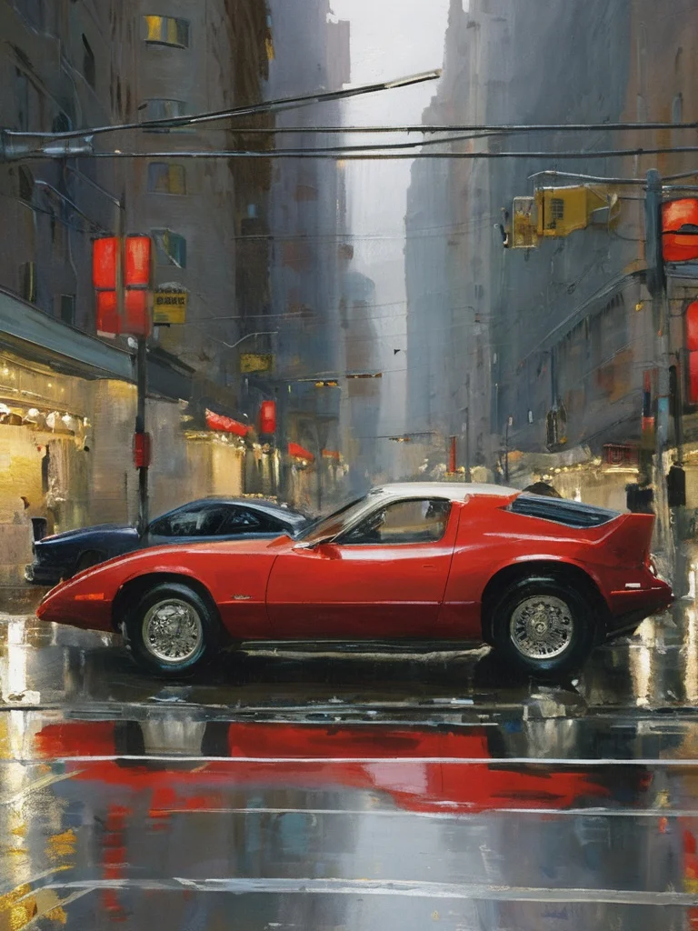 sargent,city,street,rainydayjp,surface reflection,automobile,sports_car,pedestrian,lights,<lora:sargent:0.85>,