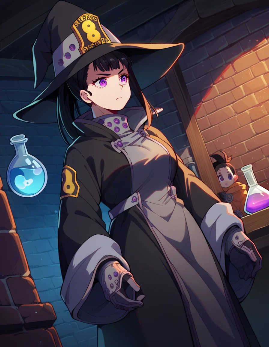score_9, score_8_up, score_7_up, source_anime, <lora:maki-oze-s1s2-ponyxl-lora-nochekaiser:1>, maki oze, long hair, bangs, black hair, purple eyes, ponytail, medium breasts,, <lora:wizard-ponyxl-lora-nochekaiser:1>, wizard, wizard hat, robe, dress, long sleeves, gloves,, indoors, bricks, potion, flask, vial,, cowboy shot,, , dutch angle, cowboy shot