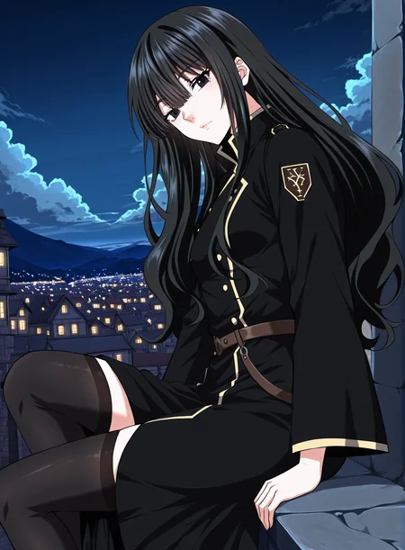 <lora:Kathyln_Glayder__The_Beginning_After_the_End__Illustrious-000009:1>
1 girl, solo, black eyes, brwon eyes, very long hair, black hair, bangs, wavy hair, ahoge, hair between eyes, small breasts, black uniform, long skirt, black thighhighs, balck footwear, sidelocks, long sleeves, belt, frills
score_9, score_8_up, score_7_up, score_6_up, source_anime, masterpiece, best quality, absurdres, highres, newest, anime coloring <break> 1girl, solo, sitting, on wall, from side, town, night sky, cloud, (head tilt:1.2) , looking at viewer, <lora:iLLMythG0thicL1nes:1>