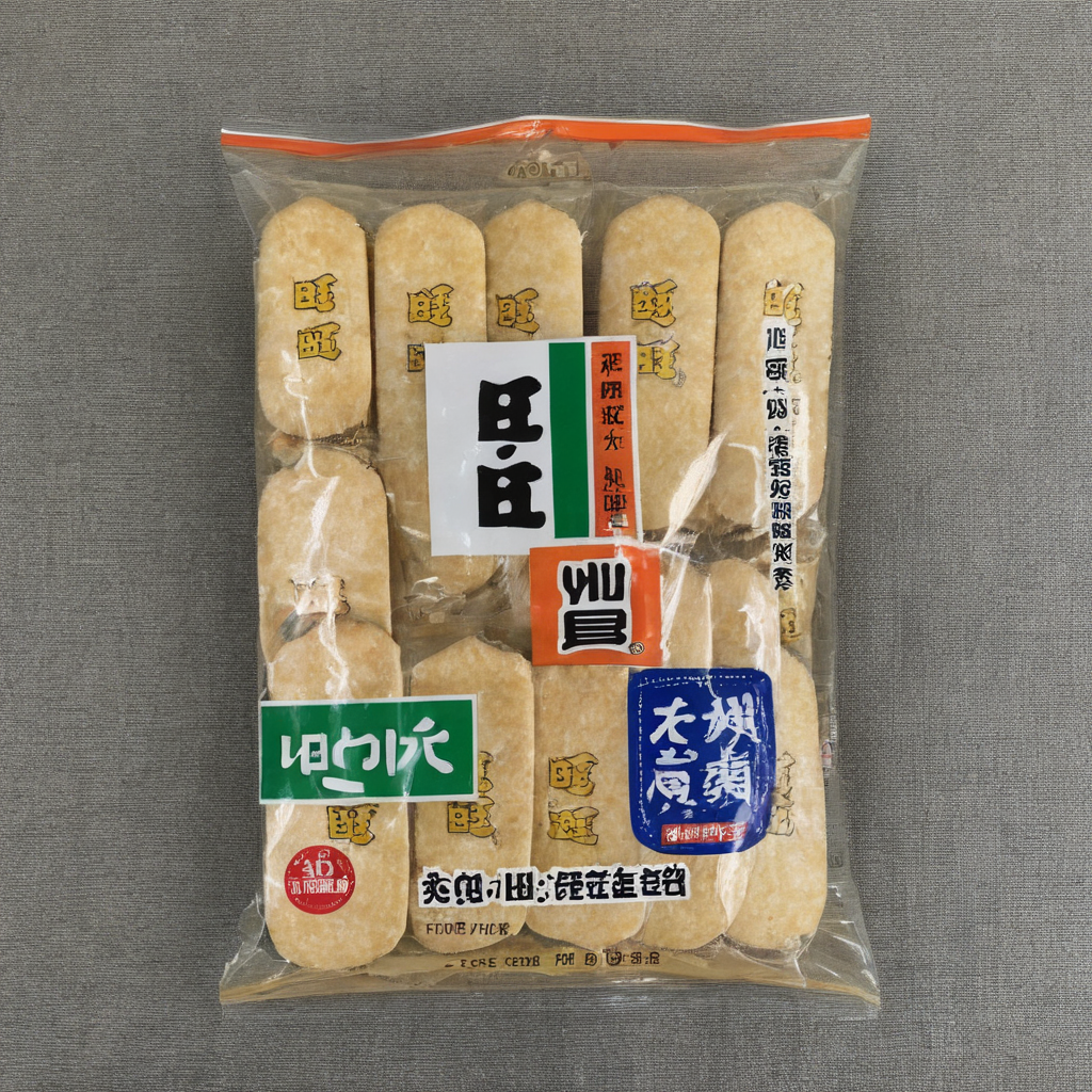 A scene showcasing a packet of Japanese senbei (rice crackers) placed neatly on a table. The packaging, possibly transparent or with a clear window, allows the viewer to see the crispy, golden-brown rice crackers inside. The table surface is clean and simple, emphasizing the appeal of the senbei. The scene should be as realistic as a high-resolution photograph, with even lighting that highlights the texture and inviting nature of the senbeitext,  <lora:senbei:0.7>