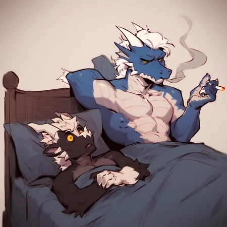 score_9, score_8, mikus-concept, two people lying in bed,BREAK, lying smoking, BREAK confused, surprised, lying, BREAK duo, 2people, furry, black fur, dragon, white horns, white hair, yellow eyes