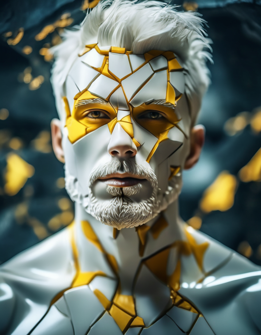 cinematic photo cinematic still, crack, 1boy, male focus, cracked skin, upper body, facial hair, yellow eyes, white hair, beard, fflix_shards . emotional, harmonious, vignette, highly detailed, high budget, bokeh, cinemascope, moody, epic, gorgeous, film grain, grainy", "cinematic photo crack, 1boy, male focus, cracked skin, upper body, facial hair, yellow eyes, white hair, beard, fflix_shards . 35mm photograph, film, bokeh, professional, 4k, highly detailed", "crack, 1boy, male focus, cracked skin, upper body, facial hair, yellow eyes, white hair, beard, fflix_shards, extremely detailed, artstation, 8k, cave lighting, concept art, rococo
 <lora:ShardsXL-000007:1>
 <lora:SDXL_FILM_PHOTOGRAPHY_STYLE_BetaV0.4:0.25> film photography style, light grain, medium grain, heavy grain . 35mm photograph, film, bokeh, professional, 4k, highly detailed