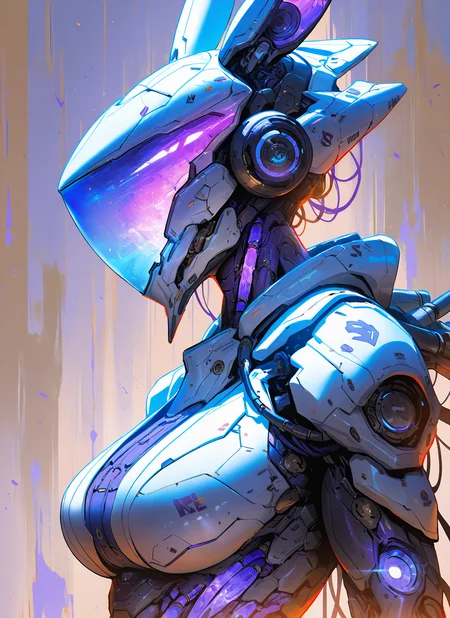 masterpiece, best quality, newest, absurdres, highres, painting, mcnm, cyborg, large breasts, fox ears, soft glow, purple intricate helmet, closeup, detailed, <lora:Mechanism-Illustious:1.0>