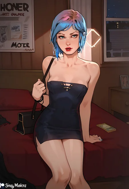 score_9, score_6_up, score_7_up, sn3yd_style, cowboy shot, cheap motel room, night, 
chloe price, 1girl, solo, short hair, blue hair, blue eyes, small Breasts, 
lipstick, make up, short dress, sexy dress, (prostitution, sexy clothing, street hooker:1.2), handbag on bed, sitting on bed, undressing, pulling skirt, ,