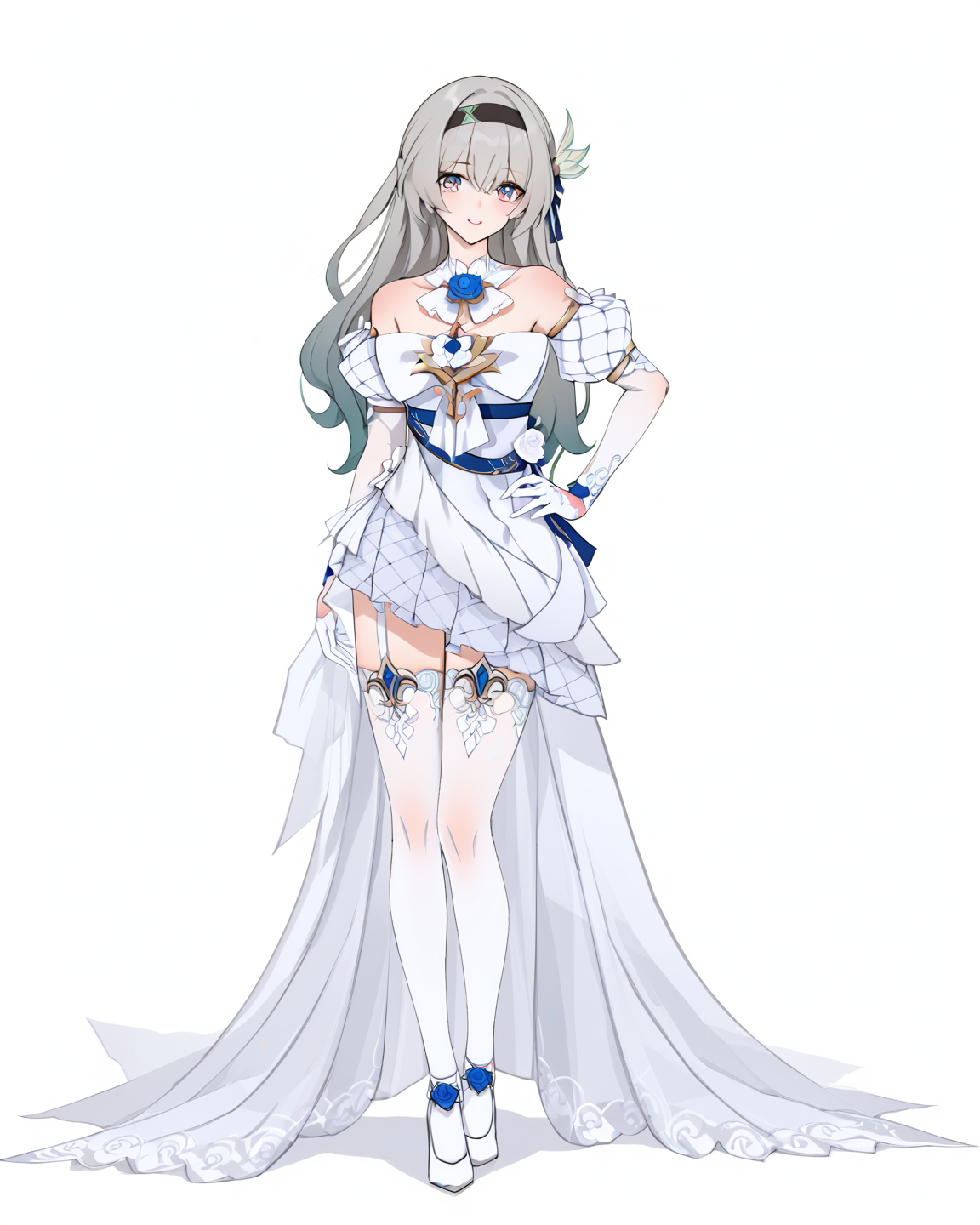 score_9,score_8_up,score_7_up,best quality,masterpiece,prefect lighting,very aesthetic,wedding dress,liuying,1girl,dress,white thighhighs,bangs,long hair,white gloves,white dress,grey hair,high heels,standing,hand on hip,white background,looking at viewer,full_body,<lora:liuying-v100-pony:0.9>,, masterpiece, best quality,