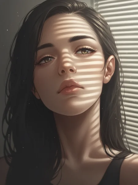 score_9, score_8_up, score_7_up, score_6_up, score_5_up, score_4_up, <lora:V3n3t14nXLP2:1> v3n3t14n, venetian blinds lighting, low light, dark room, lined lighting, long hair, 1girl, light particles, closed mouth, <lora:1dkXLP:0.3> 1dk, close-up, portrait