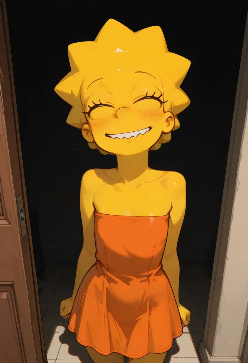 masterpiece, newest, absurdres, incredibly absurdres, best quality, amazing quality, very aesthetic, newest, , 1girl, solo, lisa_simpsons, detailed, dramatic light, high detail, sharp shading, centered composition, soft shadows, (dark room), decorative, warm light, volumetric lighting, raytracing, shadows, perspective, depth of, usnr, standing, sexy pose, happy face, sexy, orange tube dress with zigzag hem shirt, showing the groin, pleasure face, bare shoulder, strapless dress, sleeveless,
