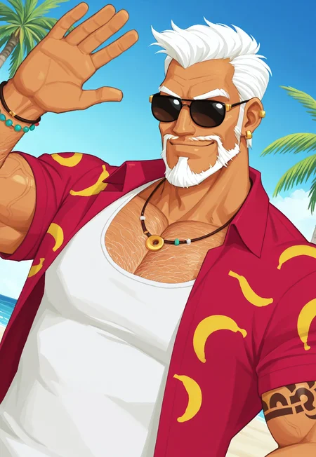CobraDTD, tan skin, red shirt with banana pattern, muscular, white tank top, earrings, white hair, facial hair, beard, necklace, sunglasses, short hair, upper arm tattoo, bracelet, looking at viewer, closed mouth, smile, upper body, beach paradise, dynamic pose, palm trees, dutch angle, waving, hairy chest,