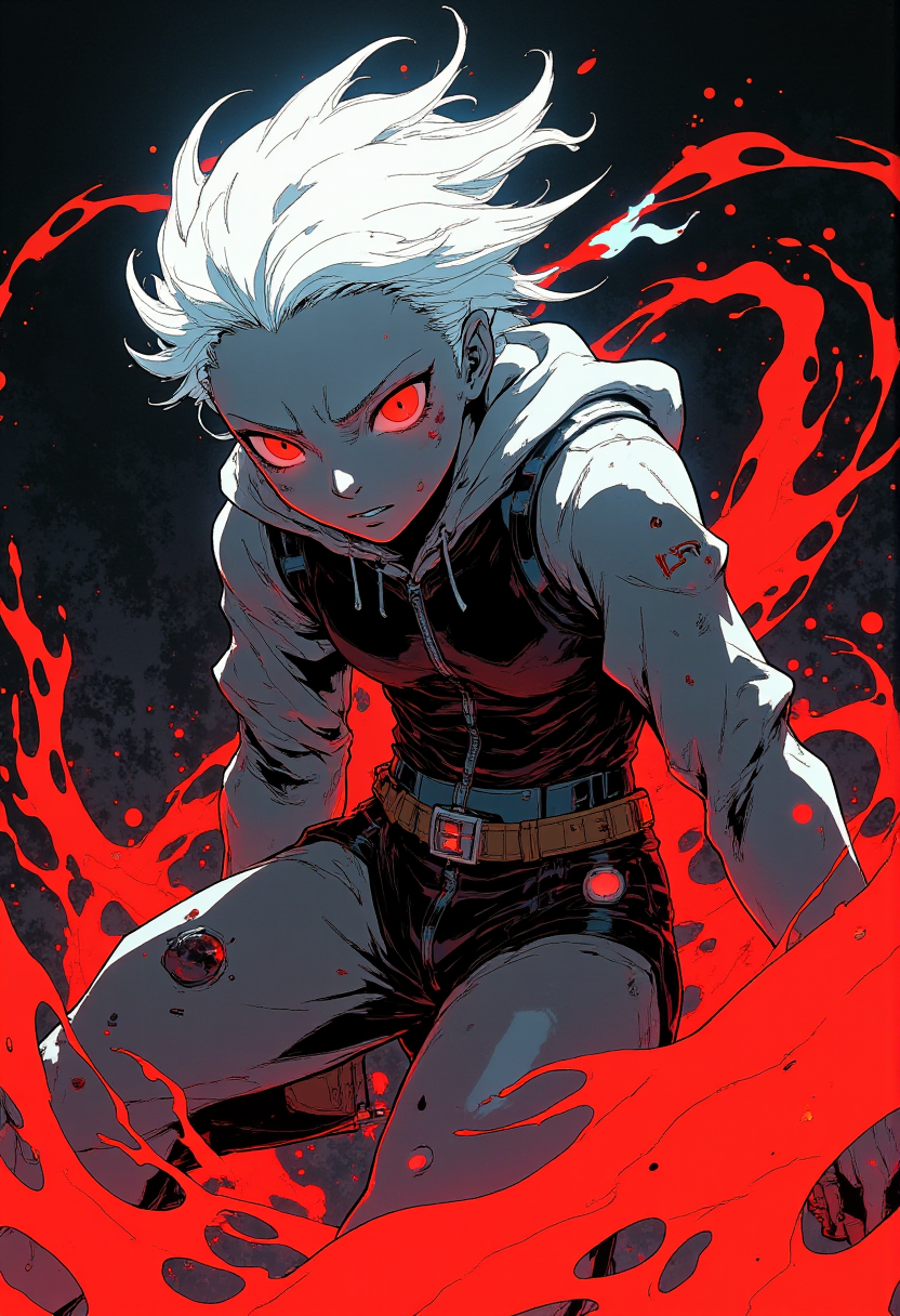 a dynamic and intense anime-style illustration featuring a striking mutated monster with glowing white hair, surrounded by radiant energy. Captured from a low angle, the monster gazes downward, head tilted, staring into the distance. Its shiny, humid skin glistens under dim sidelighting, contrasting with the glowing aura, abstract splashes of red and white energy swirl around it. The scene is detailed with atmospheric lighting, creating a dreamlike quality, while the abstract splashes style blends mysticism and technology into a surreal, otherworldly composition.<lora:Let_It_Blaze_in_Crimson_anime_v1.0:0.8>