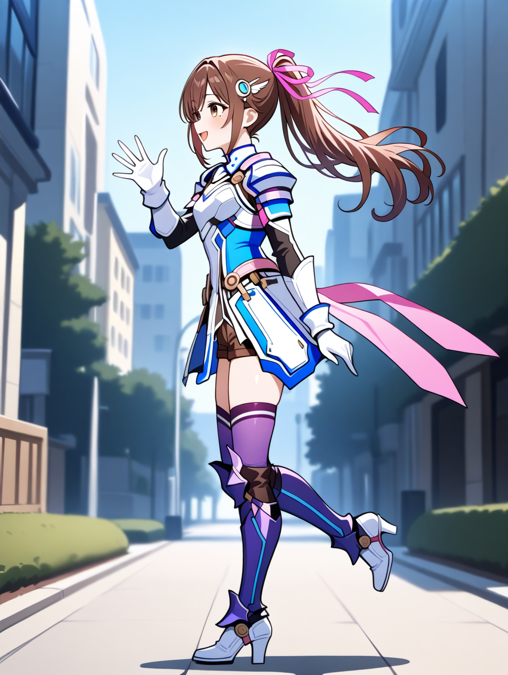 perfect quality,best quality,absolutely eye-catching,ambient occlusion,raytracing BREAK
1girl,<lora:reimi IL v1.2:0.7>,reimi,ponytail,brown hair,brown eyes,hair ornament,pink ribbon,armored dress,long sleeves,white gloves,shorts,purple thighhighs,purple greaves,white high heels,outdoors,from side,waving,