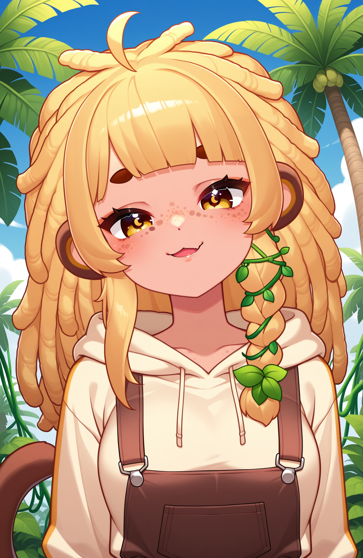 1girl, solo, <lora:BananaJuju_v2:1> bananajuju, long hair, dreadlocks, symbol in eye, side braid, blunt bangs, freckles, monkey ears, monkey tail, skin fang, blunt bangs, blonde hair, medium breasts, ahoge,
portrait, smug, parted lips, smile, :3, hoodie, hood down, brown overalls, jungle, vines, palm tree, blue sky,