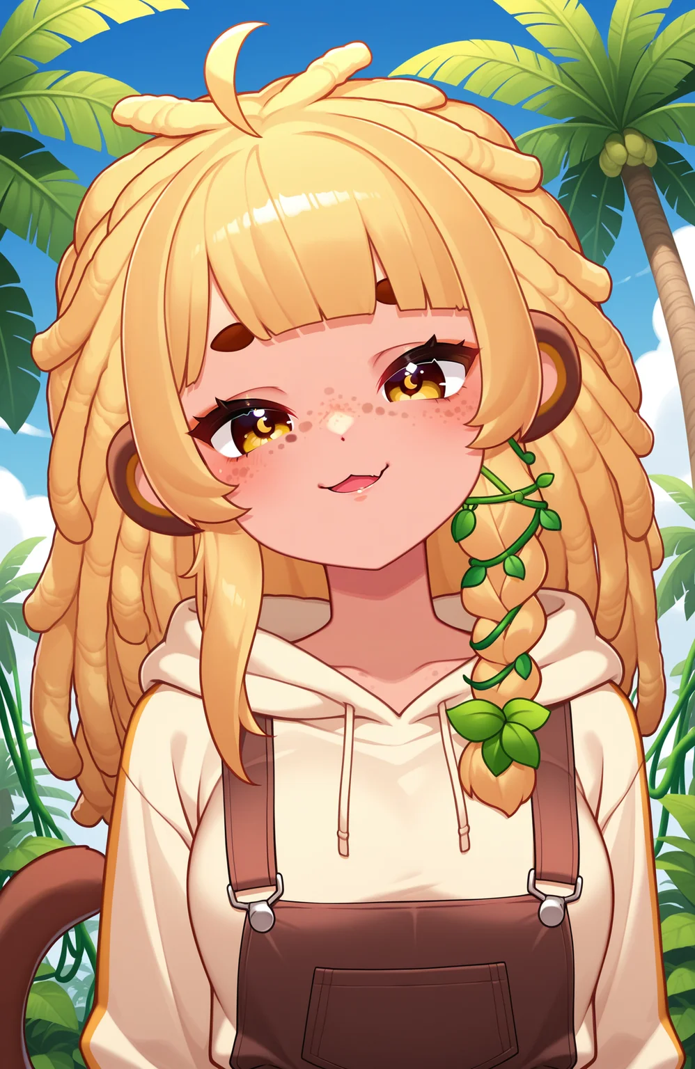 1girl, solo, <lora:BananaJuju_v2:1> bananajuju, long hair, dreadlocks, symbol in eye, side braid, blunt bangs, freckles, monkey ears, monkey tail, skin fang, blunt bangs, blonde hair, medium breasts, ahoge,
portrait, smug, parted lips, smile, :3, hoodie, hood down, brown overalls, jungle, vines, palm tree, blue sky,