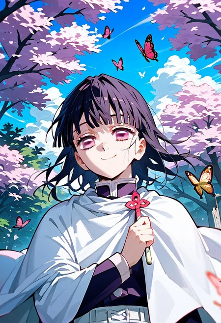 score_9,score_8_up,score_7_up,source_anime, tsuyuri kanao,1girl,solo,smile,closed mouth,upper body,outdoors,sky,pink eyes,cape,tree,bug,butterfly,white cape,demon slayer uniform,white cloak,butterfly on hand,