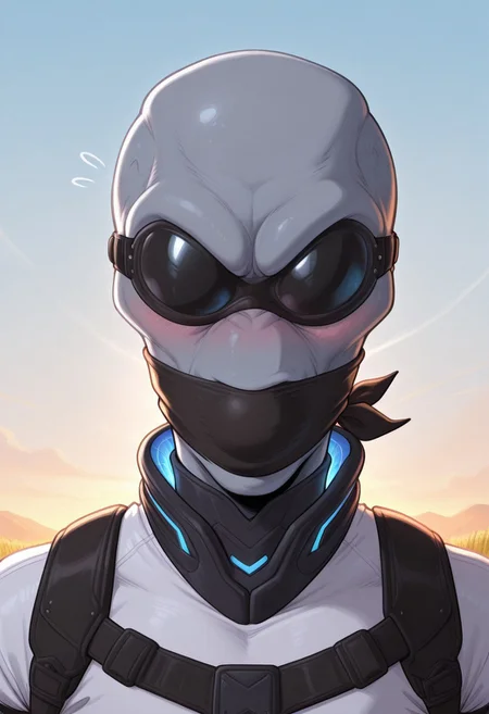 masterpiece, best quality, amazing quality, very aesthetic, dynamic lighting, absurdres, newest, 1boy, solo, crypto, 1boy, male, solo, alien, grey alien, leather blindfold, mature male, embarrased expression, outdoors, muscular, farmstead,over the mouth gag, close up on upper half, portrait, w0lfc0nf, blushing, arms tied behind back, harness,