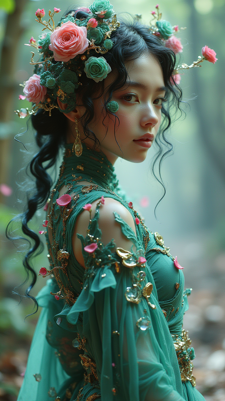 jade, a jade made beautiful art1fact girl, rose petals, rrp, wearing a jade petals made clothes, epic fantasy