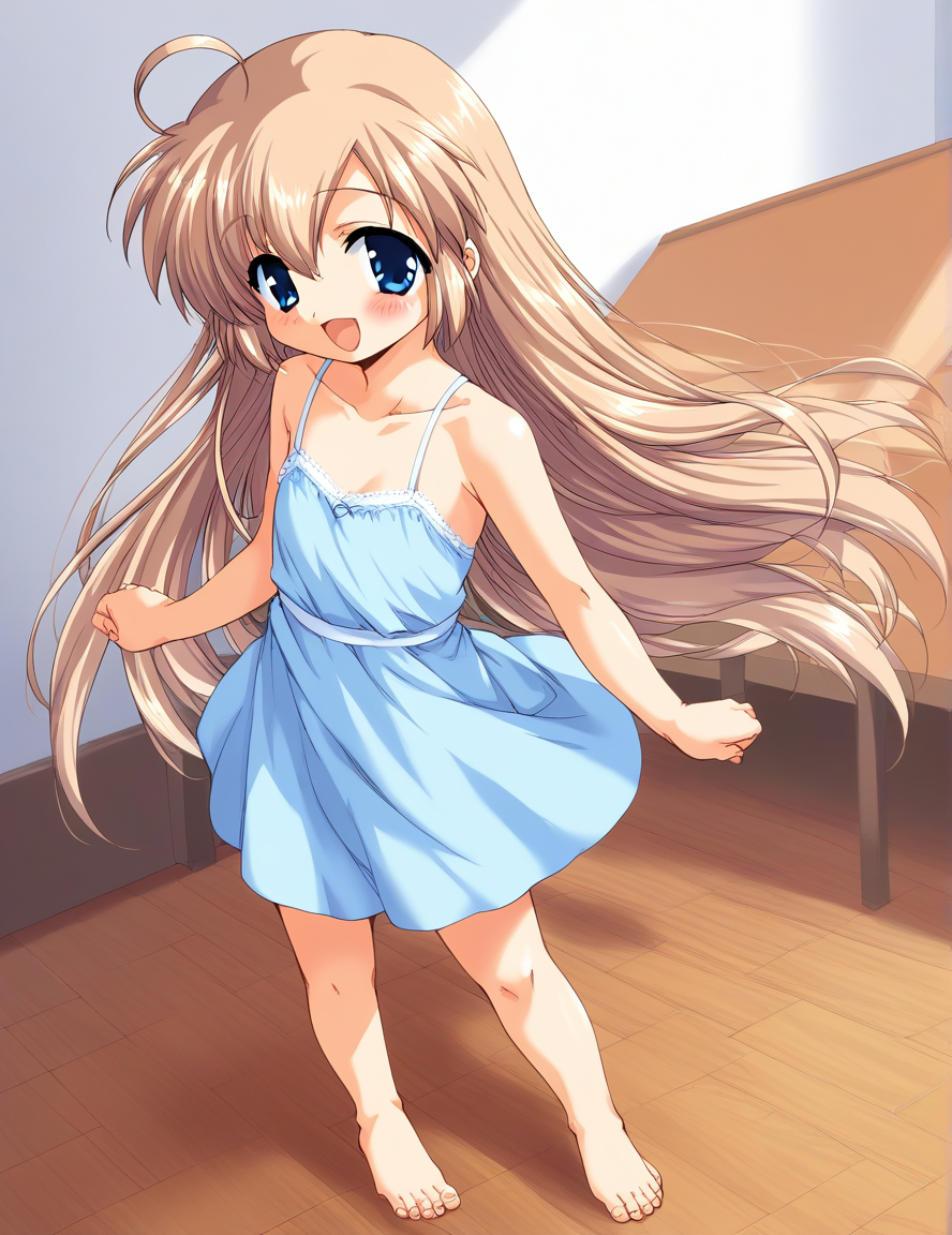 score_9, score_8_up, score_7_up, source_anime, rating_explicit, BREAK <lora:Mizuki_Shiori_XL:1>Mizuki_Shiori, blue eyes, flat chest, brown hair, short stack,
solo, barefoot, long hair, blush, light blue dress, smile, open mouth, ahoge, feet, standing, looking at viewer, :d,  bare shoulders, ribbon, room, flooring,