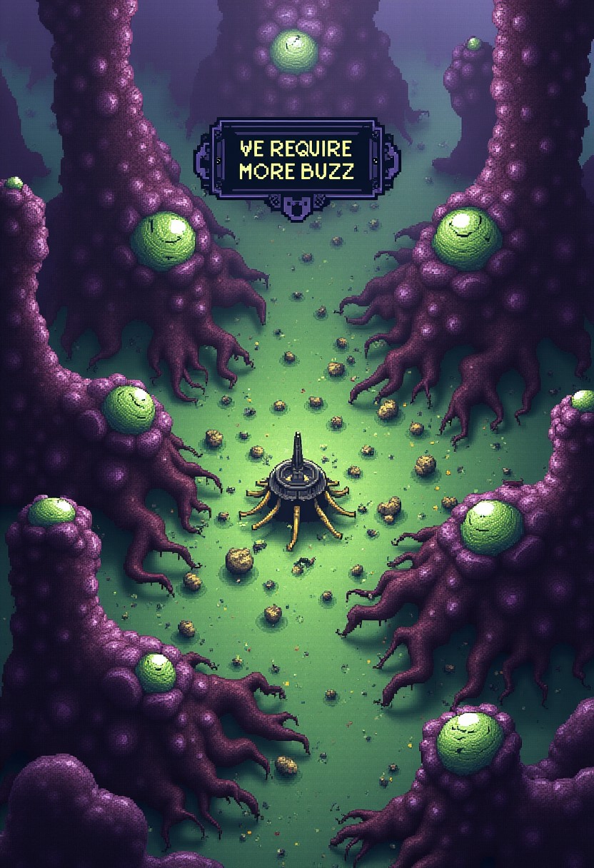 top-down view of a Zerg base from the game Starcraft, featuring organic, alien structures with pulsating, fleshy surfaces and creeping creep covering the ground, numerous Zerg units scurry around, and towering Spore Crawlers and Hatcheries dominate the scene, the environment is dark and eerie, with a purple and green color scheme, at the top of the image, a text popup reads "WE REQUIRE MORE BUZZ" in a classic Starcraft game font, evoking the game's tense and strategic atmosphere.