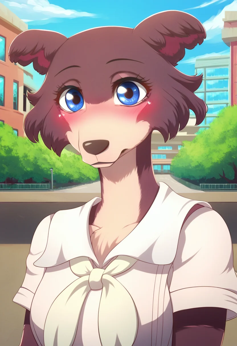 zPDXL, score_9,score_8_up,score_7_up,_up, best quality, amazing quality, masterpiece, 1girl, looking at viewer, solo, fullbody, cute, blush, juno, <lora:Juno-03:1> , wolf girl, animal ears, animal nose, brown fur, blue eyes, white school uniform, neckerchief, blue sky,city, park, skyline, contour_deepening,depth of field, huge filesize,wallpaper,background,(flat color),dank flank, <lora:DankFlank:1.2>