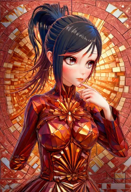 mural of a woman in the style of alphonse mucha made of separate tiles, dark red neon light shines through the tiles, 3d textures, 3d blocks, 3d shadows <lora:ral-bismut:1> ral-bismut , (masterpiece:1.2), best quality, (hyperdetailed, highest detailed:1.2), high resolution textures,ponytail