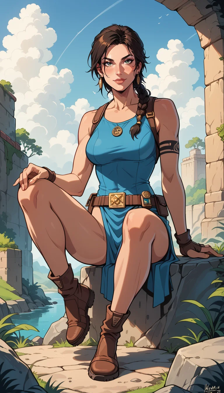 score_9, score_8_up, score_7_up, Western Comics, Full Body Shot, Lara Croft, adventurer, cute, seductive, innocent, light smile:0.3, plump lips, slender body, her hair billowing in the wind, studies an ancient map while sitting on rocks and enjoying the stunning view, depth of field, dynamic angle, sharp, hyperdetailed:1.15