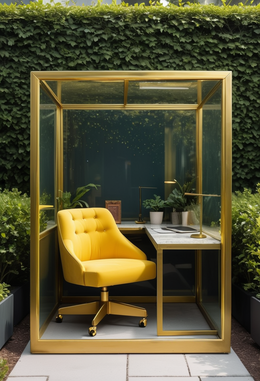 (medium full shot) of (charming Office cubicle) made of glass material, yellow color, modern style, space-saving, upholstered seat, patina, gold trim, located in  a modern garden, with sleek furniture, stylish decor, bright lighting, comfortable seating, ,Masterpiece,best quality, raw photo, realistic, very aesthetic, dark