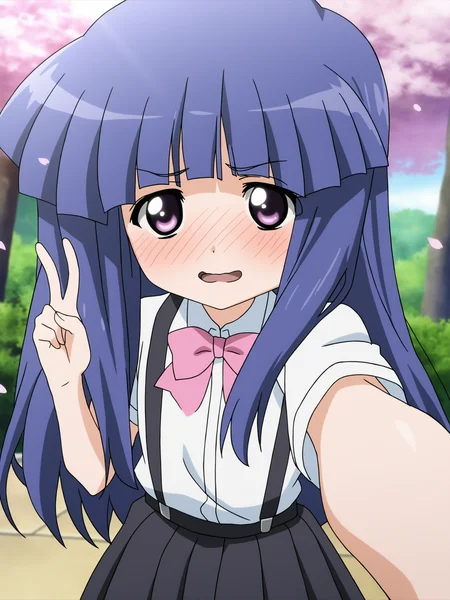 higurashikira, anime screencap, anime coloring, 1girl, furude rika, safe, general, solo, blue hair, purple eyes, long hair, bangs, ((flat_chest)), outdoors, sky, day, tree, sunlight, cherry blossoms, falling petals, spring \(season\), bow, skirt, shirt, suspenders, smile, short sleeves, pleated skirt, white shirt, open_mouth, wavy_mouth, blush, embarrassed, pink bow, facing viewer, suspender skirt, school uniform, black skirt, collared shirt, blush, bowtie, dress shirt, upper_body, ((V)), selfie, 
(masterpiece, best quality, absurdres, highres, newest:1.2), very awa, 