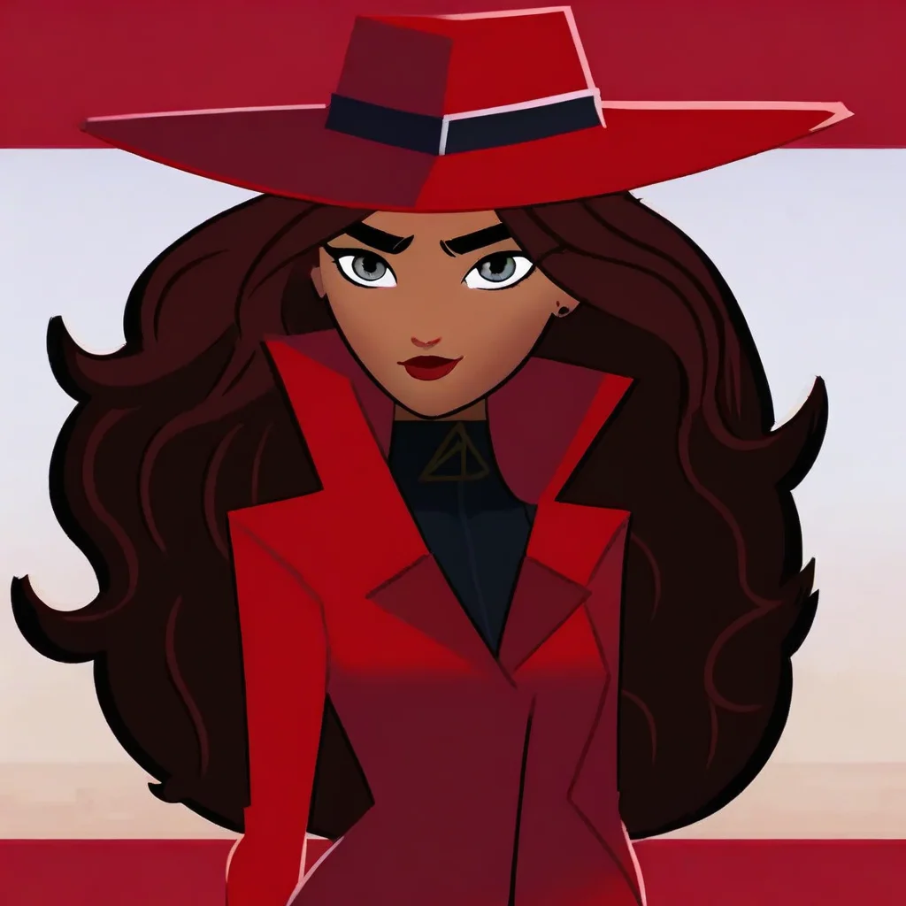 black bodysuit, gray eyes, tan skin, long brown hair, matching red fedora, red trench coat, Carmen, black gloves, black shoes, 1girl