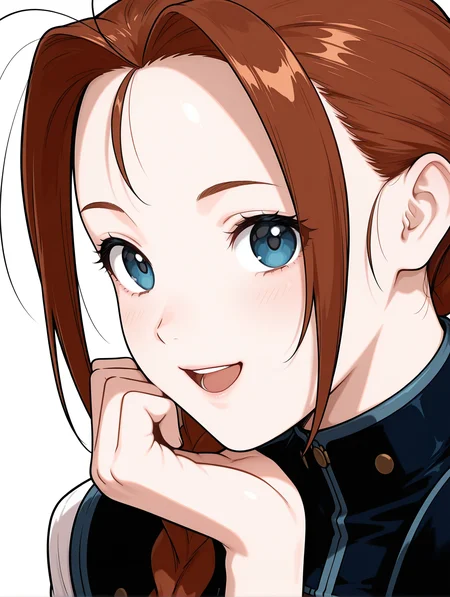 masterpiece,best quality,newest,
1girl,solo,
<lora:Livi_Donen_ilxl_v1.2:1>,Livi,antenna hair,brown hair,blue eyes,single braid,L_clothes,
<lora:Fixhands_anime_bdsqlsz_V1:1>,white_background,simple_background,looking_at_viewer,open mouth,smile,upper_body,portrait,cheek rest,