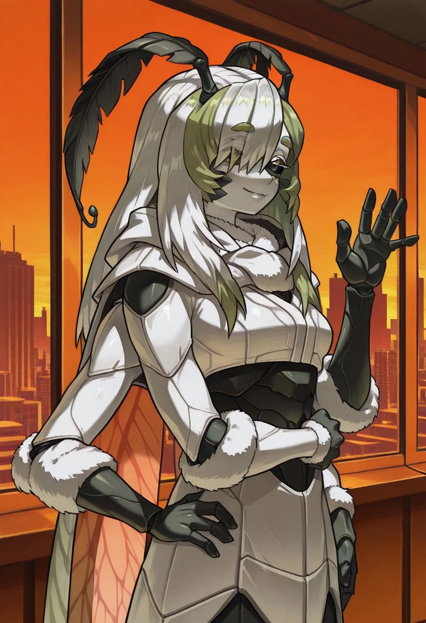 1girl, solo, juniperactias, monster girl, arthropod girl, moth girl, white skin, insect wings, extra arms, fewer digits, carapace, long hair, multicolored hair, white hair, green hair, hair over one eye, antennae, green eyes, black sclera, white robe, hood, arms crossed, hand on own hips, waving, smile, closed mouth, upper body, three quarter view, indoors, window, city, sunset, orange theme, science fiction, Yaya Artstyle