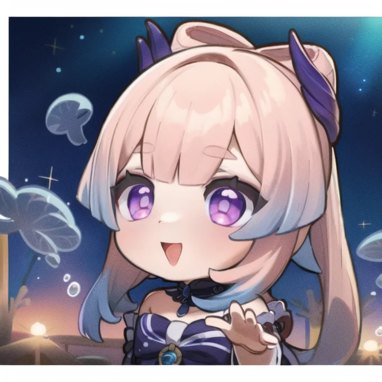 masterpiece, best quality, chibi, 1girl, solo, sangonomiya kokomi, pink hair, purple eyes, hair ornament, mouth open, waving, smiling <lora:GenshinStickers:1> <lora:sangonomiyaKokomi_v10:0.8>