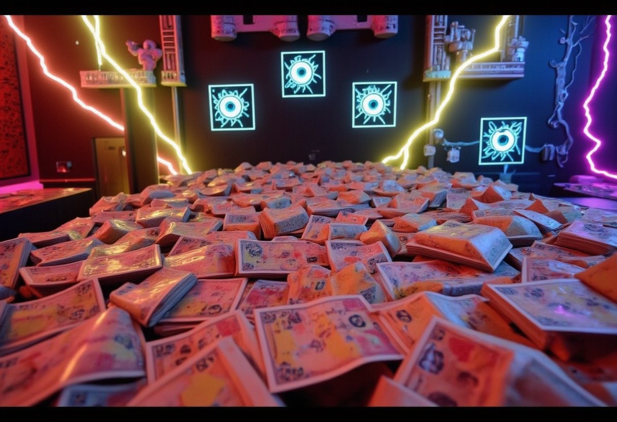 piles of money cash falling from sky paper money in front of camera scene similar to gozer the destructor from futuristic divinity ghostbusters with australian money cash currency falling in front of the camera multi colored bolts of high intensity electricity and lightning as well as holograms of futuristic cubes projecting around the room with eyeballs inside them