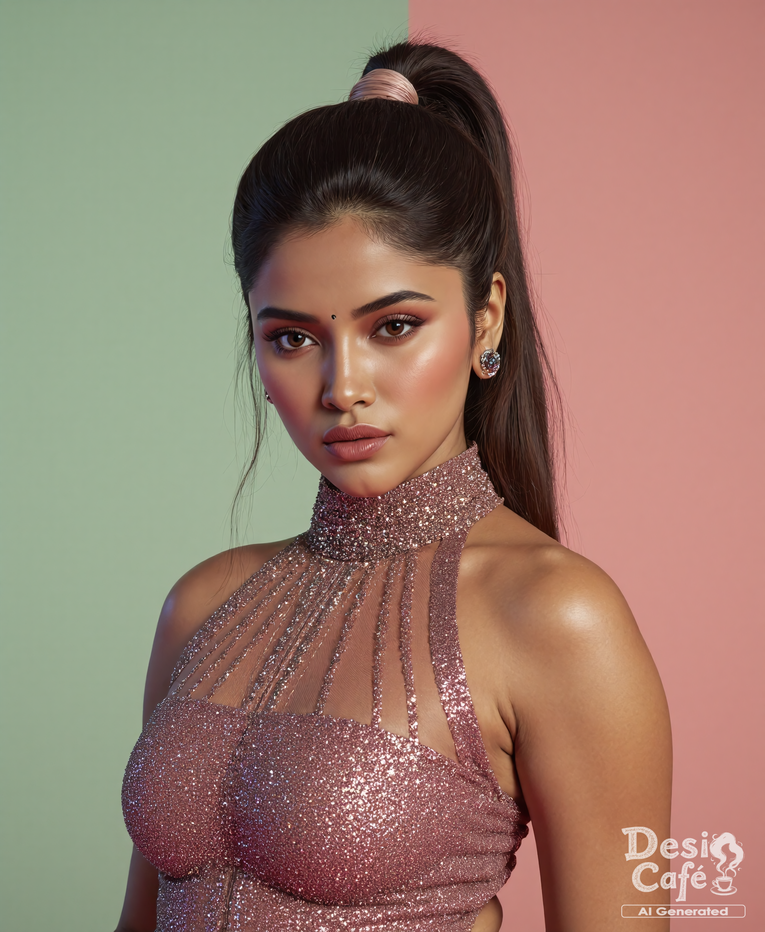 full body photo of woman with d351 h0nth lips, hyper realistic photo that is safe for work, angry, studio quality image with natural colors, well dressed wearing intricate turtleneck Plum Sharara Suit, hair styled as  high ponytail,muted pastel shaded multicolored background that contrasts with the person, cinematic lighting,ââ   <lora:d351 h0nth - Pouty Indian Lips - V2:1>âââ