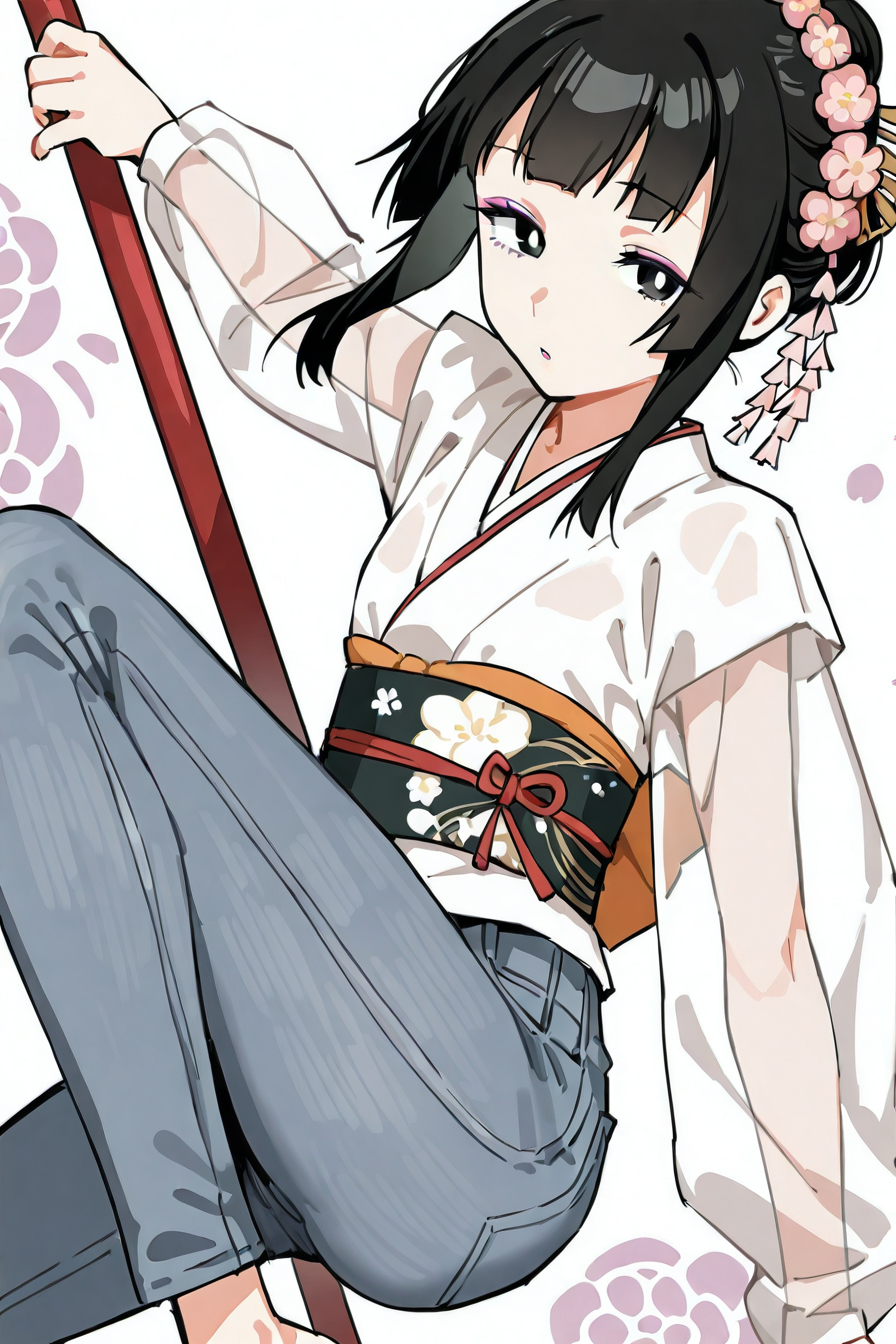 shiny skin, posing, 
<lora:namaana.il:1>, 
namaana, 
arisu, 
makeup, purple eyeliner, long eyelashes, kanzashi,
looking at viewer, 
dynamic pose, 
hanfu, jeans, obi, see-through sleeves, 
polearm,