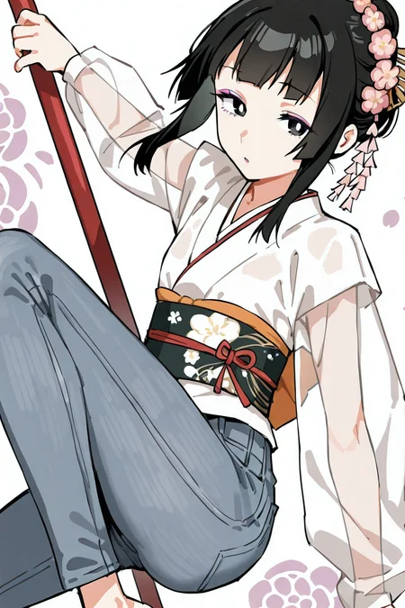 shiny skin, posing, 
<lora:namaana.il:1>, 
namaana, 
arisu, 
makeup, purple eyeliner, long eyelashes, kanzashi,
looking at viewer, 
dynamic pose, 
hanfu, jeans, obi, see-through sleeves, 
polearm,