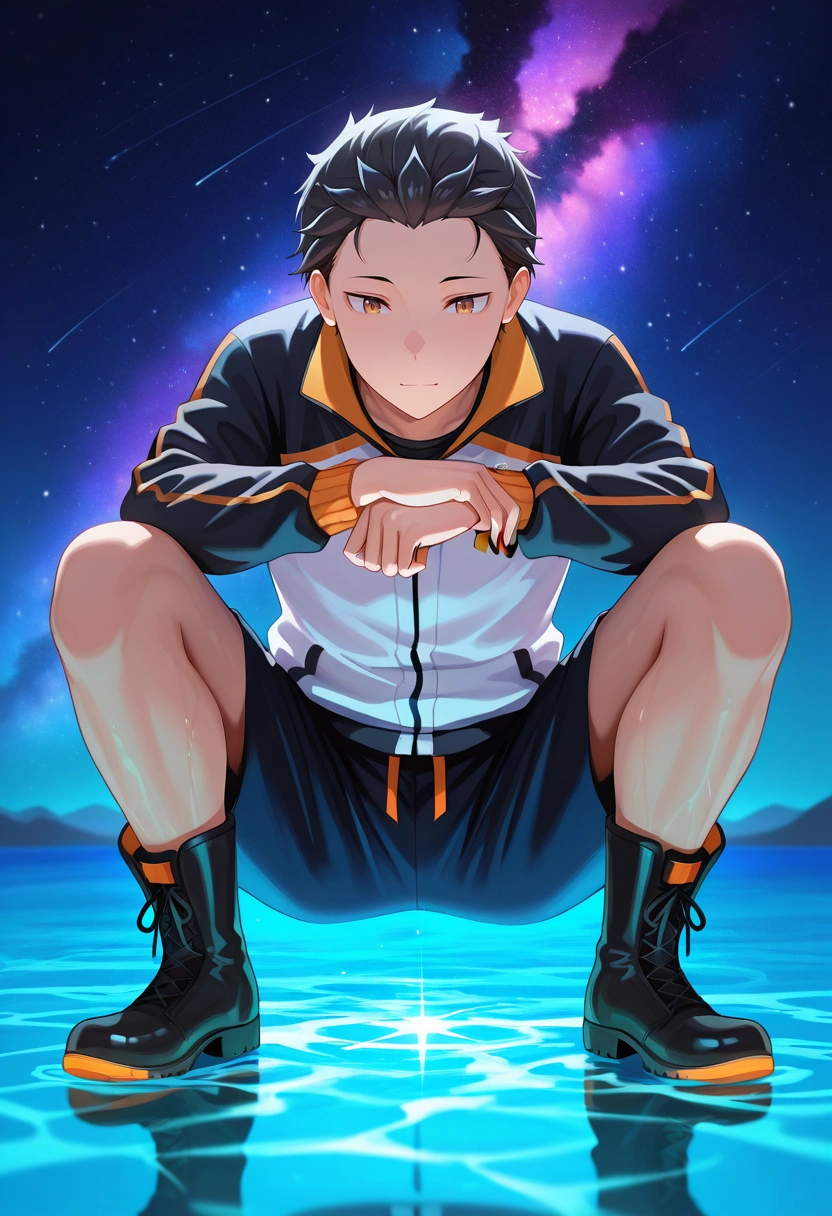 masterpiece, best quality, intricate details, , , 1boy, solo, male focus, <lora:subaru_natsuki_ilxl:0.94>, subaru_natsuki, black hair, brown eyes, short hair, natsuki subaru, hair slicked back, , star-lit oasis, glowing pools, crystalline sands, nebula reflections, resting pose, tranquil expression, galaxy ambiance, Barkcloth RustRed Swim trunks, Varsity sweatshirt, Derby boots, ,