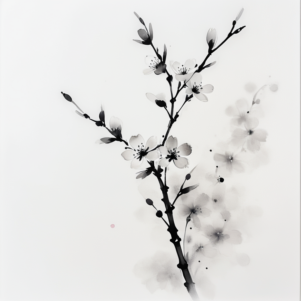 <lora:Zen_Ink_Wash_Sumi-eSDXL:1> ArsMJStyle, Zen Ink Wash Sumi-e, A delicate cherry blossom branch with flowers, monochrome, greyscale, minimalistic, white background, no humans, nature, traditional media, ink, solo, botanical.