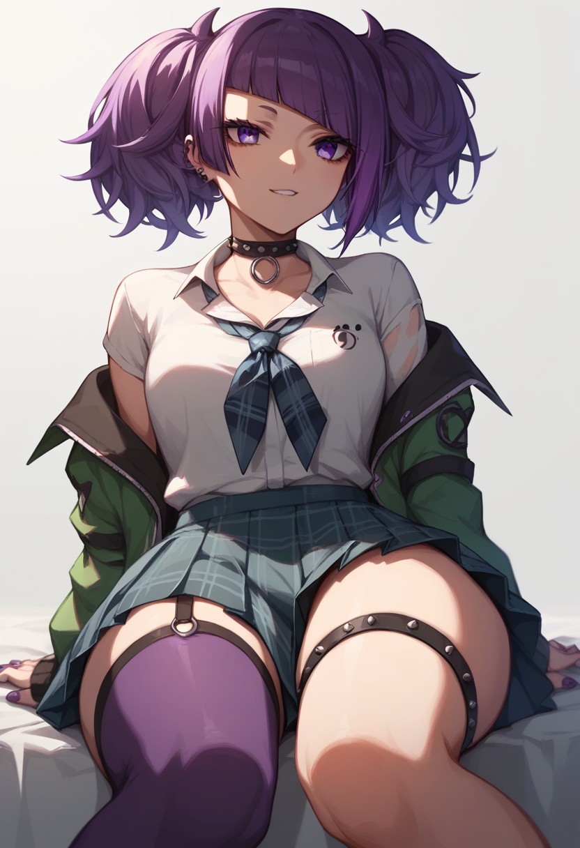 score_9,score_8_up,score_7_up,<lora:idolmaster_shiny_colors:1>,tanaka_mamimi,purple hair, purple eyes, diagonal bangs, short twintails,green jacket, black_choker, spiked_choker, plaid neckwear, purple_nails, plaid skirt, pleated skirt, miniskirt, garter straps, thigh strap, single thighhigh
