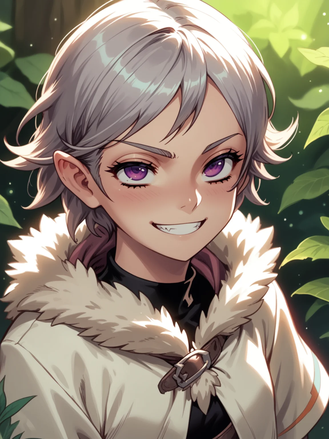 (upper body, solo:1.1) <lora:happy_tentacle-ato-v0.4-000014:1>, ht_ato, fairy, body fur, silver hair, purple eyes, 1girl, small breasts, (petite:1.2), <lora:Shed_The_Skin's StS_age_slider_v1_initial_release:-1.1> ( (fur trim :1.1) :1.1) ( , , (naughty face :1.2) , evil smile , looking up :1.2) , outdoors, vegetation, ( :1.1), , (dusk :0.6), , (:0.5), , ( :0.8) ( :0.8) score_9, score_8_up, score_7_up, score_6_up, score_5_up, score_4_up, [(realistic, photorealistic:1.2):(realistic:1.2):12] [(3d:1.2)::10] <lora:LUUNA's Lunas-NijiJourney-SDXL-B2:0.5>, nijijourney <lora:prgfrg23's Counterfeit-V3.0 Style SDXL_LoRA_Pony Diffusion V6 XL:0.3> <lora:mfcg's mfcgXL:0.12> <lora:reweik's gyokai(himehajime)_PonyXL_style_v01:0.14>