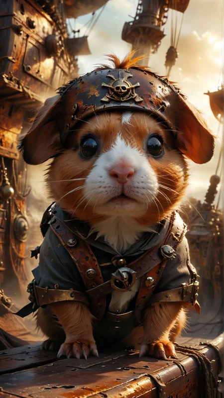 generate a 4K photo quality big ears and big eyes Guinea pig in a pirate captain outfit on a epic horror pirate ship staring at the camera with scenic background 
surreal photography, 
(masterpiece, award winning artwork)
4k, 8k, uhd, best quality, trending on artstation
 <lora:add-detail-xl:1> <lora:MJ52:0.3>
 <lora:dvr-rst:1> dvr-rst