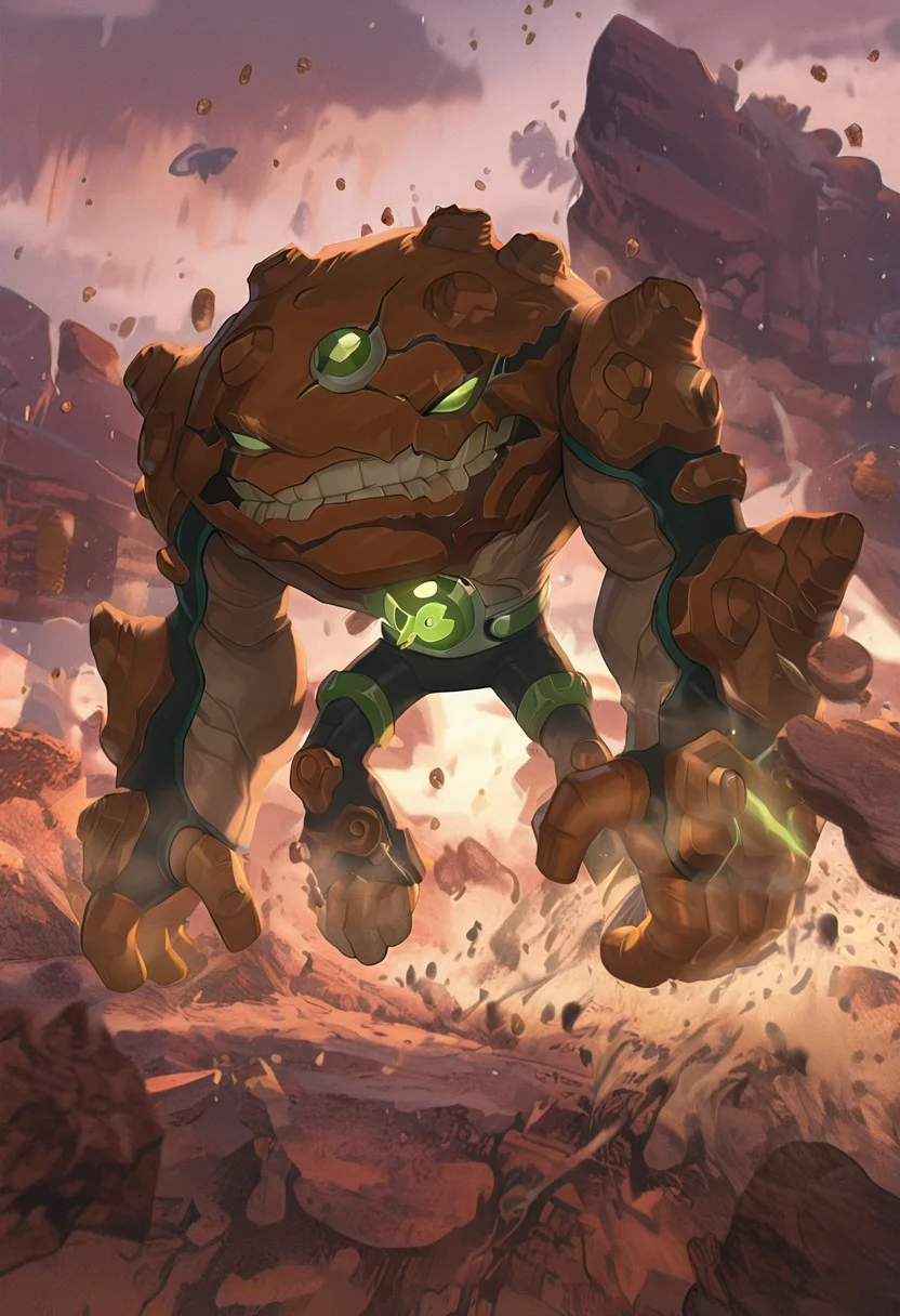 masterpiece, best quality, amazing quality, very aesthetic, absurdres, newest,, detailed background,
movie scene, cinematic scene, cinematic,
gravitack, crooked teeth, 1boy, armor, monster, green eyes, solo, massive arms, big hands,
outdoors, rocks, floating rocks, floating islands, dynamic pose, attacking,