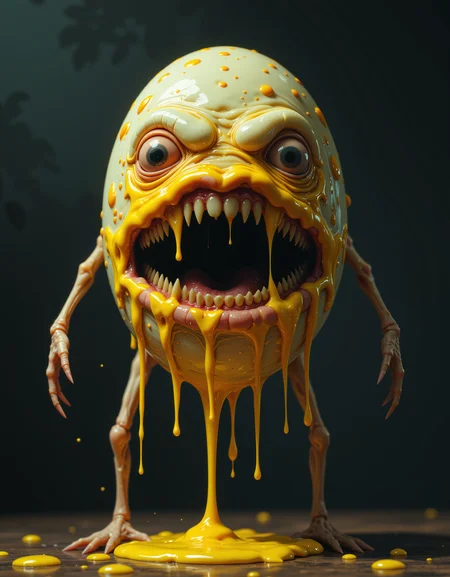 Carnivorous Egg creature. The text reads "ARTSY". Dimly lit horror aesthetic. Yellow Yolk dripping. soggy, wrinkly, mucusy. Long slender limbs. fleshy textures.