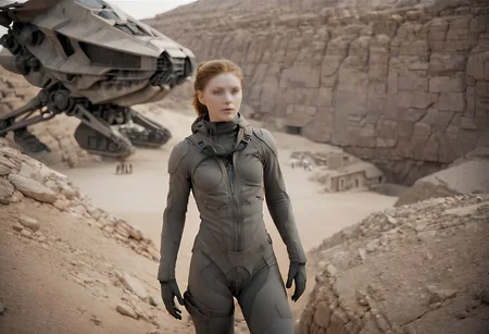 photograph Dune, Movie, director Denis Villeneuve, science fiction, futuristic, sci-fi, cinematic universe, sophie-molgrin wearing a Stillsuit, rocky terrains suggesting a desert or arid environment and an ornithopter in the background. 35mm photograph, film, bokeh, professional, 4k, highly detailed . award-winning, professional, highly detailed