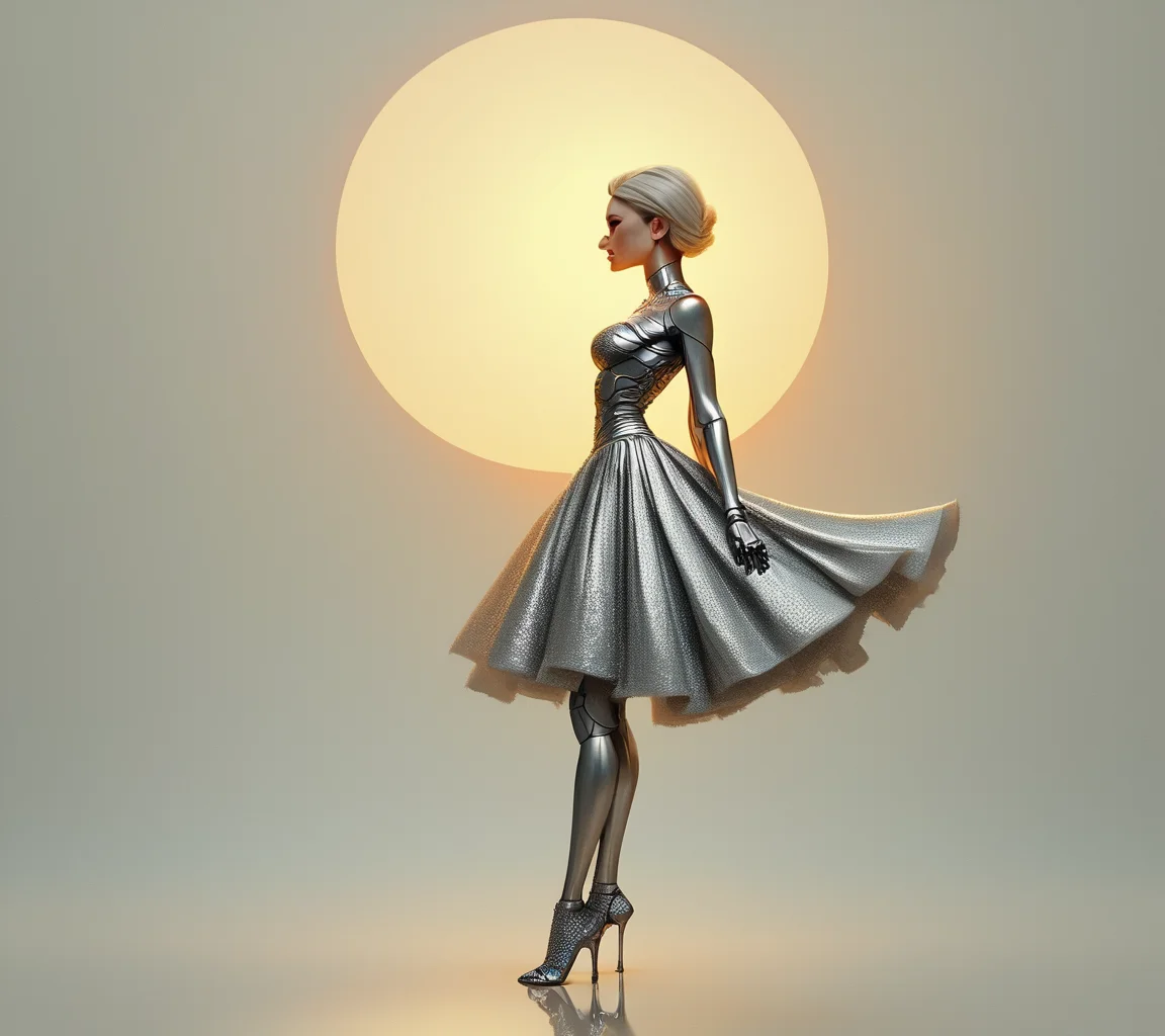 score_9, score_8_up, score_7_up, score_6_up, score_5_up, score_4_up, complex, A striking shot of a model in a structured silver metallic mini dress with exaggerated shoulders and a high neckline. The dress hugs her figure, her long legs accentuated by strappy stiletto heels, her platinum blonde hair styled up., highly detailed, backlight <lora:ponys-dream:.9>