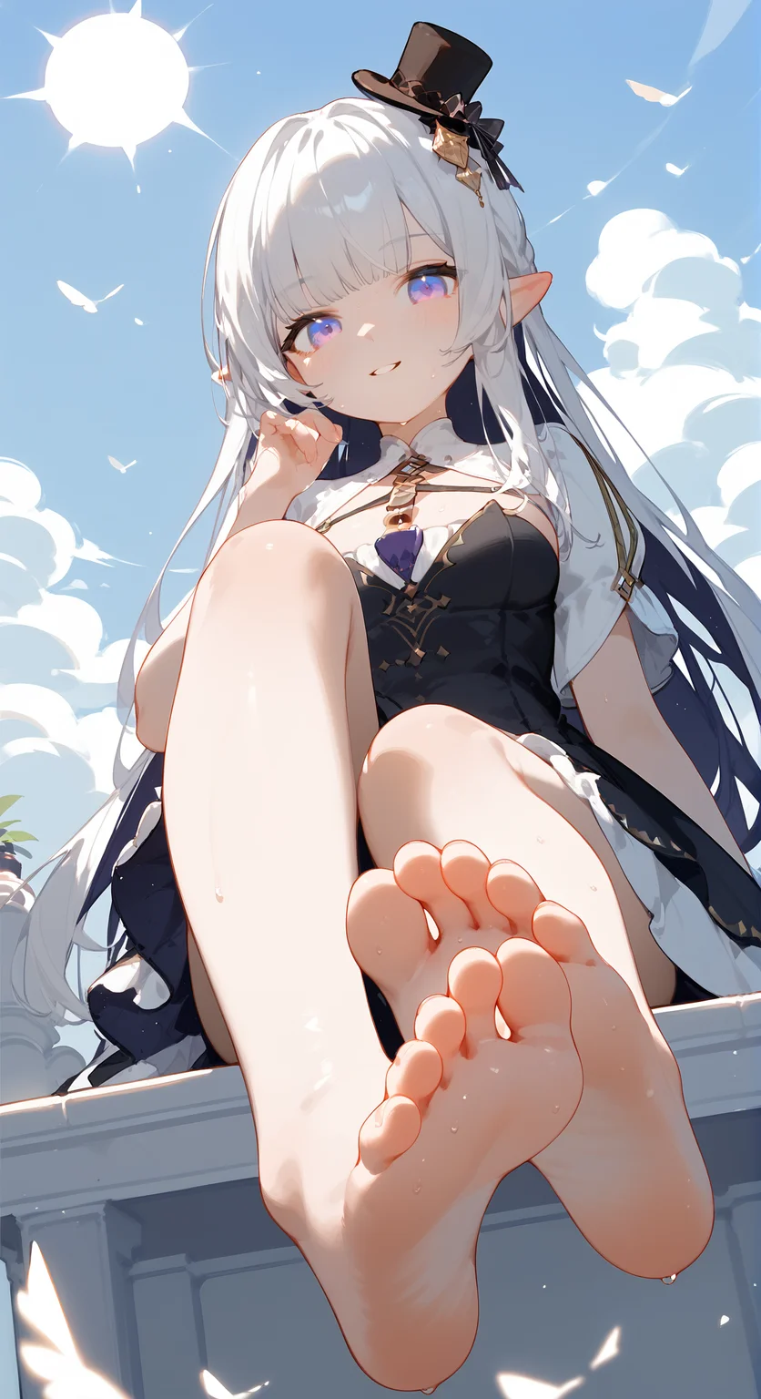 score_9, score_8_up, score_7_up,
<lora:rhea_pony:0.9>, 1girl, rhea_default, mini hat, dress, long hair, top hat,
feet, soles, barefoot, breasts, solo, toes, foot focus, looking at viewer, sitting, sweat, parted lips, outdoors, sky, bangs, day, smile, blush, foreshortening, sun