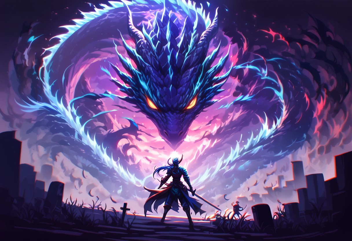 an action shot of a knight fighting a fantasy blue dragon, graveyard in background, Bosstyle, hkstyle, HD, masterpiece, best quality, hyper detailed, ultra detailed, super realistic