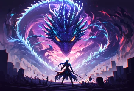 an action shot of a knight fighting a fantasy blue dragon, graveyard in background, Bosstyle, hkstyle, HD, masterpiece, best quality, hyper detailed, ultra detailed, super realistic
