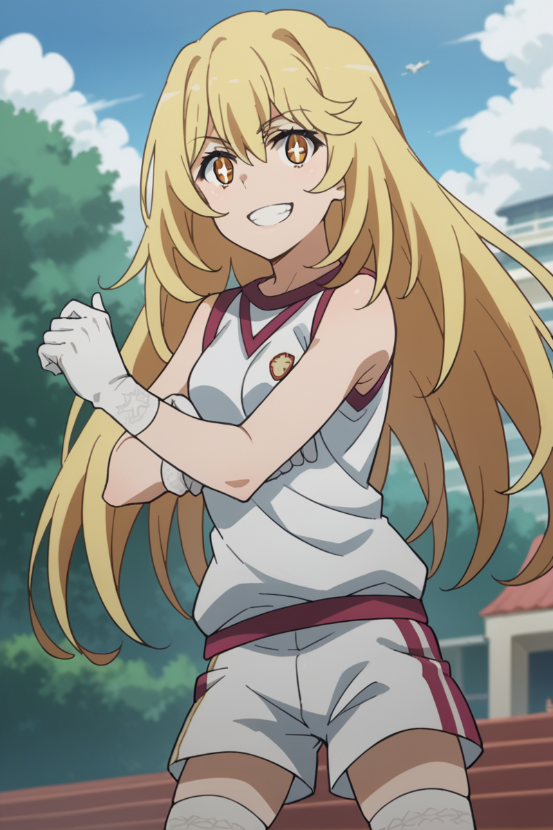 score_9, score_8_up, score_7_up, source_anime,
misakishokuhou, <lora:misaki-shokuhou-s3-ponyxl-lora-nochekaiser:1>,
misaki shokuhou, blonde hair, hair between eyes, long hair, symbol-shaped pupils, yellow eyes, smile,
bare shoulders, gloves, gym shirt, gym shorts, gym uniform, shirt, short shorts, shorts, sleeveless, sleeveless shirt, thighhighs, tokiwadai school gym uniform, white gloves, white shirt, white shorts, white thighhighs,
outdoors, sports festival,
looking at viewer, cowboy shot, dutch angle, dynamic pose,
