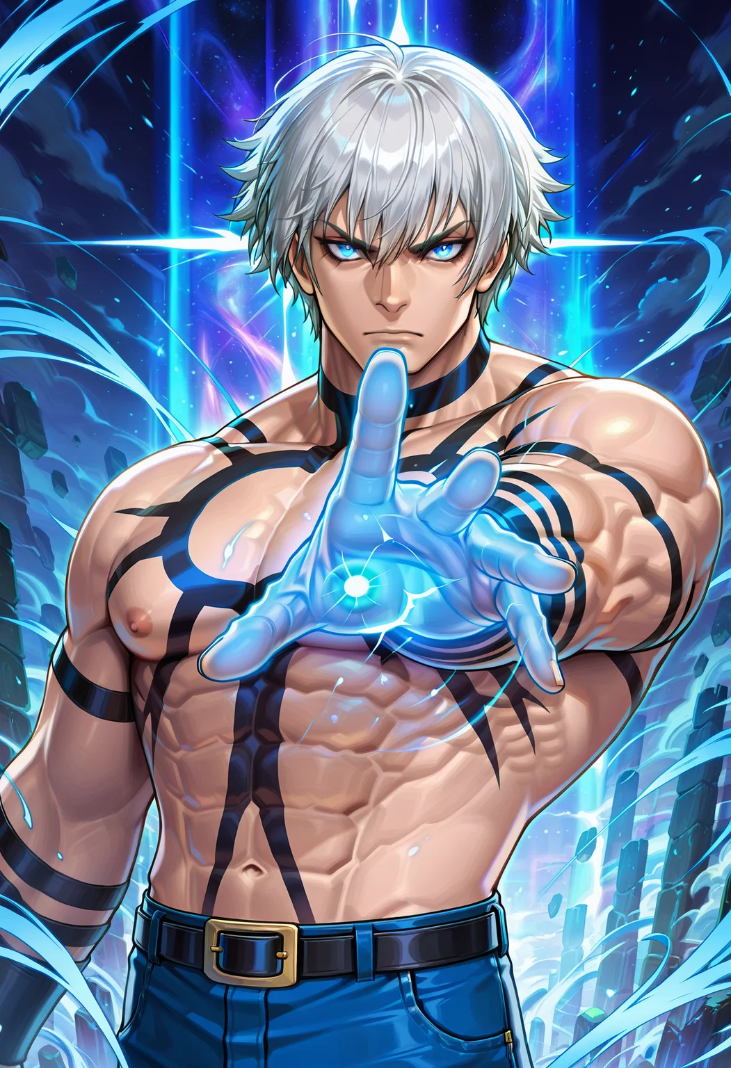 masterpiece, best quality, newest, absurdres, highres, very detailed,
muscular male, koforochi, orochi tattoo, topless male, solo,
jeans,
male nipples, collarbone, abs, manly,
foreshortening, outstreched hand, hand towards viewer, open hand, glowing hand, outstreched arm, looking at viewer, upper body, magic, strong wind,
glowing outline, magic, psychic,
blue eyes, glowing eyes,
<lora:[Char - IL] KOF - Orochi (v1-R1-E27):1.0>